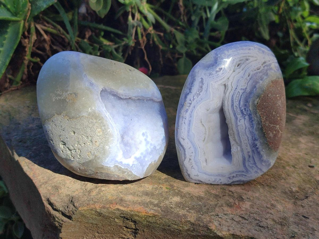 Polished Blue Lace Agate Free Forms and Standing Display Piece x 3 From Nsanje, Malawi - Toprock Gemstones and Minerals 