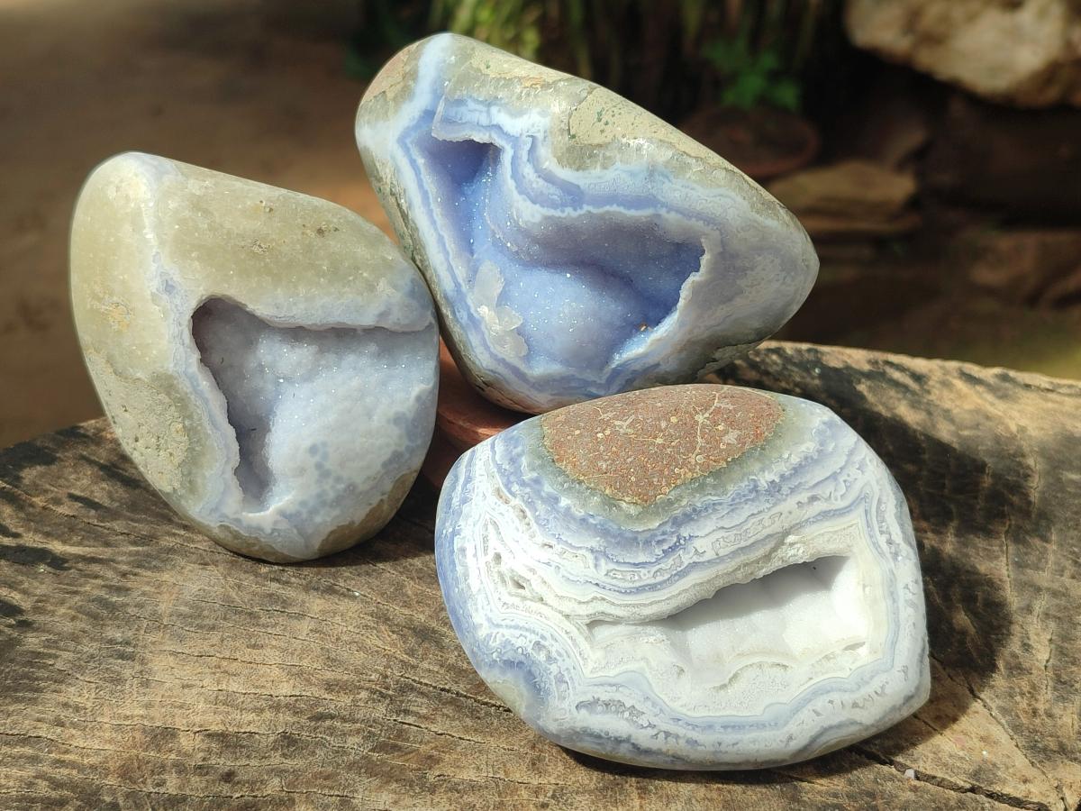 Polished Blue Lace Agate Free Forms and Standing Display Piece x 3 From Nsanje, Malawi - Toprock Gemstones and Minerals 