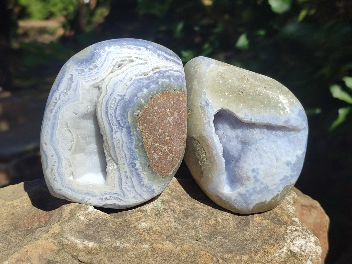 Polished Blue Lace Agate Free Forms and Standing Display Piece x 3 From Nsanje, Malawi - Toprock Gemstones and Minerals 