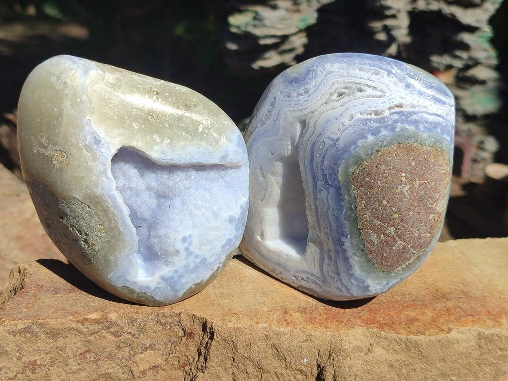 Polished Blue Lace Agate Free Forms and Standing Display Piece x 3 From Nsanje, Malawi - Toprock Gemstones and Minerals 