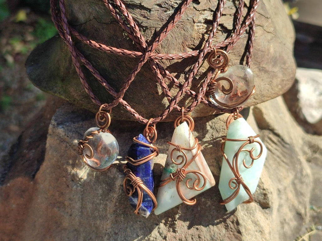 Hand Made Mixed Stone Copper Wire Wrapped Pendants x 6 From South Africa - Toprock Gemstones and Minerals 
