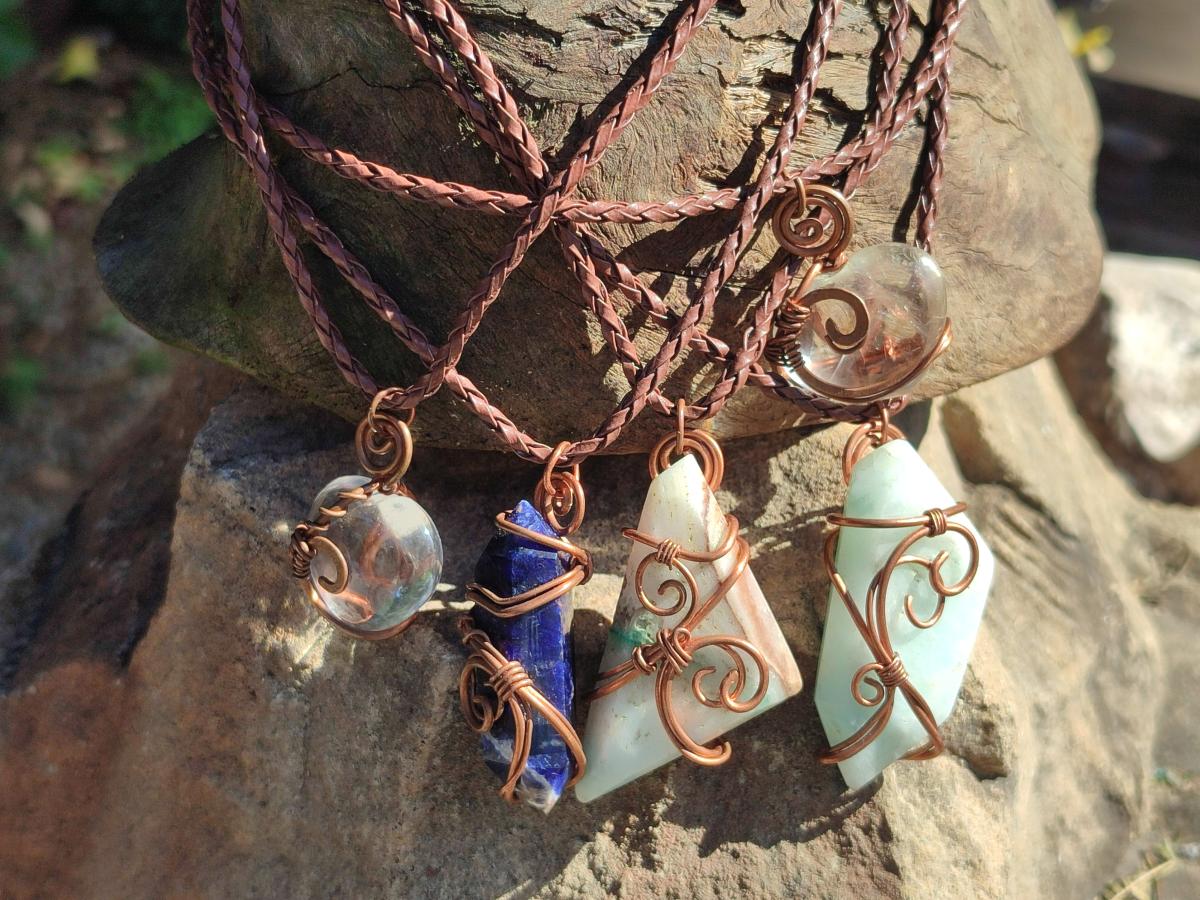 Hand Made Mixed Stone Copper Wire Wrapped Pendants x 6 From South Africa - Toprock Gemstones and Minerals 