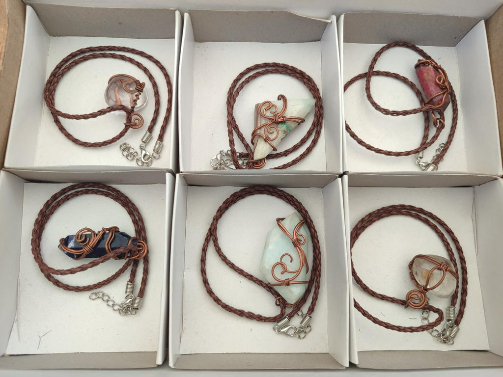 Hand Made Mixed Stone Copper Wire Wrapped Pendants x 6 From South Africa - Toprock Gemstones and Minerals 