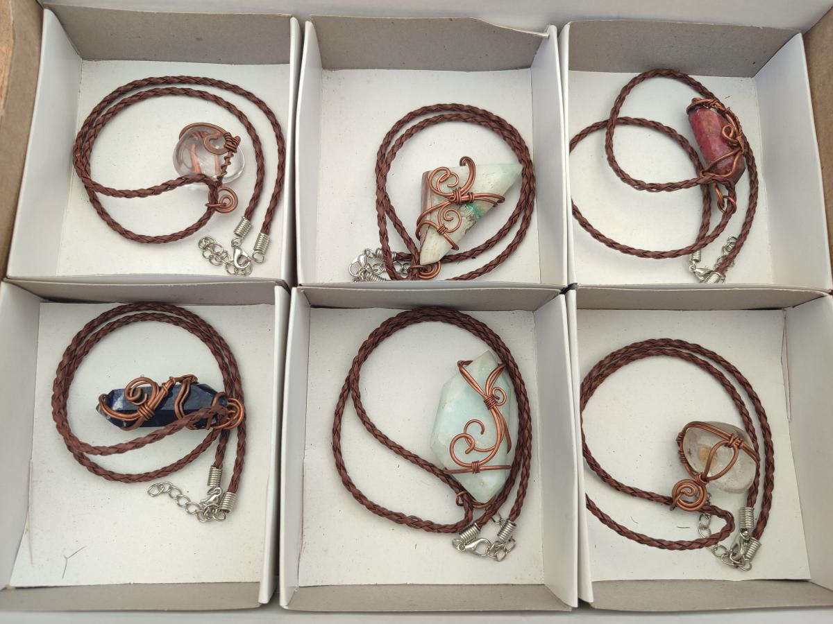 Hand Made Mixed Stone Copper Wire Wrapped Pendants x 6 From South Africa - Toprock Gemstones and Minerals 