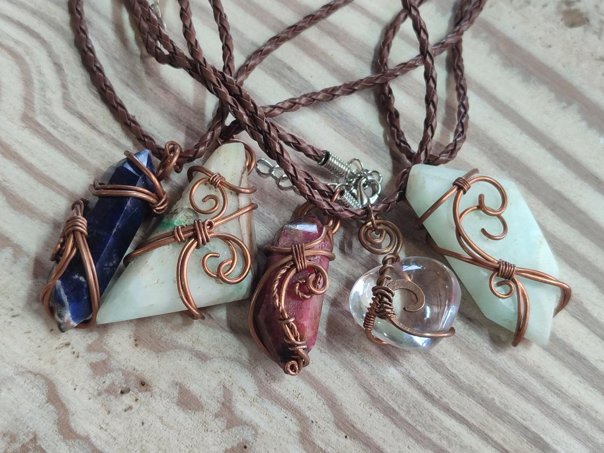 Hand Made Mixed Stone Copper Wire Wrapped Pendants x 6 From South Africa - Toprock Gemstones and Minerals 
