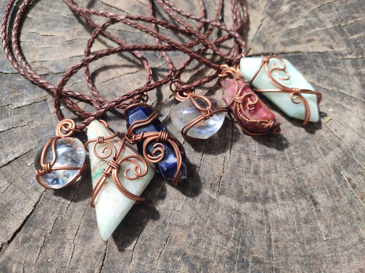 Hand Made Mixed Stone Copper Wire Wrapped Pendants x 6 From South Africa - Toprock Gemstones and Minerals 