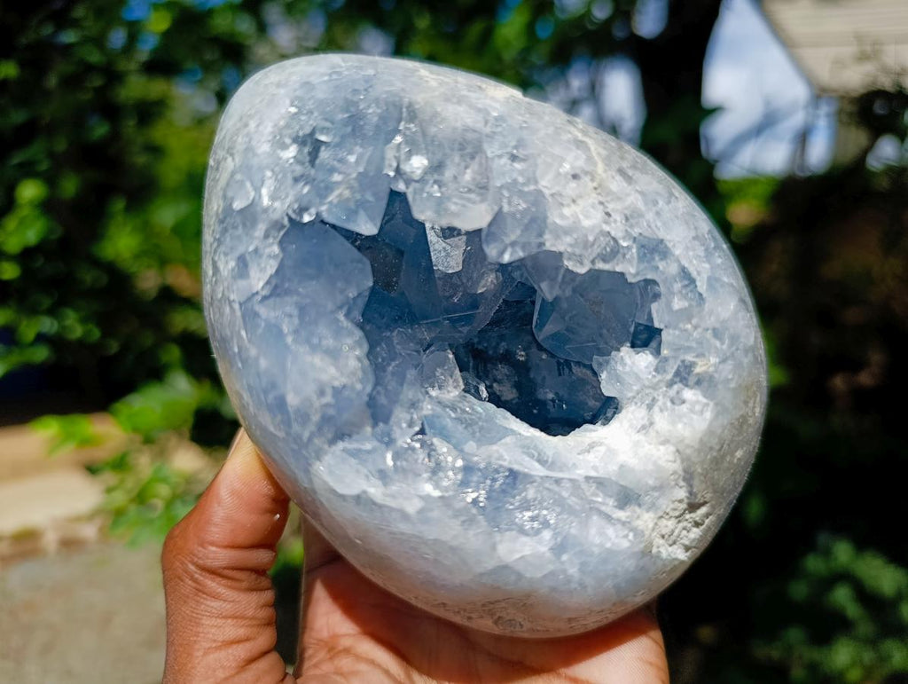 Polished Blue Celestite Egg and Natural Blue Celestite Specimen x 2 From Sakoany, Madagascar - Toprock Gemstones and Minerals 