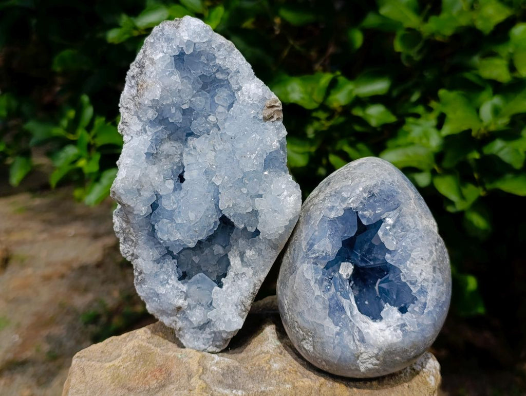 Polished Blue Celestite Egg and Natural Blue Celestite Specimen x 2 From Sakoany, Madagascar - Toprock Gemstones and Minerals 