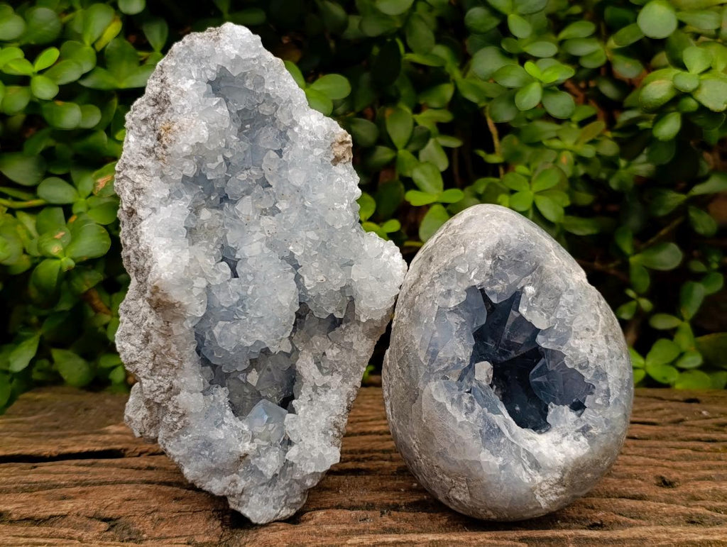 Polished Blue Celestite Egg and Natural Blue Celestite Specimen x 2 From Sakoany, Madagascar - Toprock Gemstones and Minerals 