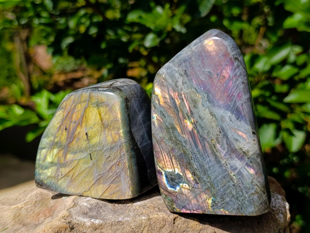 Polished Rare Purple Sunset Flash Labradorite Standing Free Forms x 3 From Madagascar - Toprock Gemstones and Minerals 