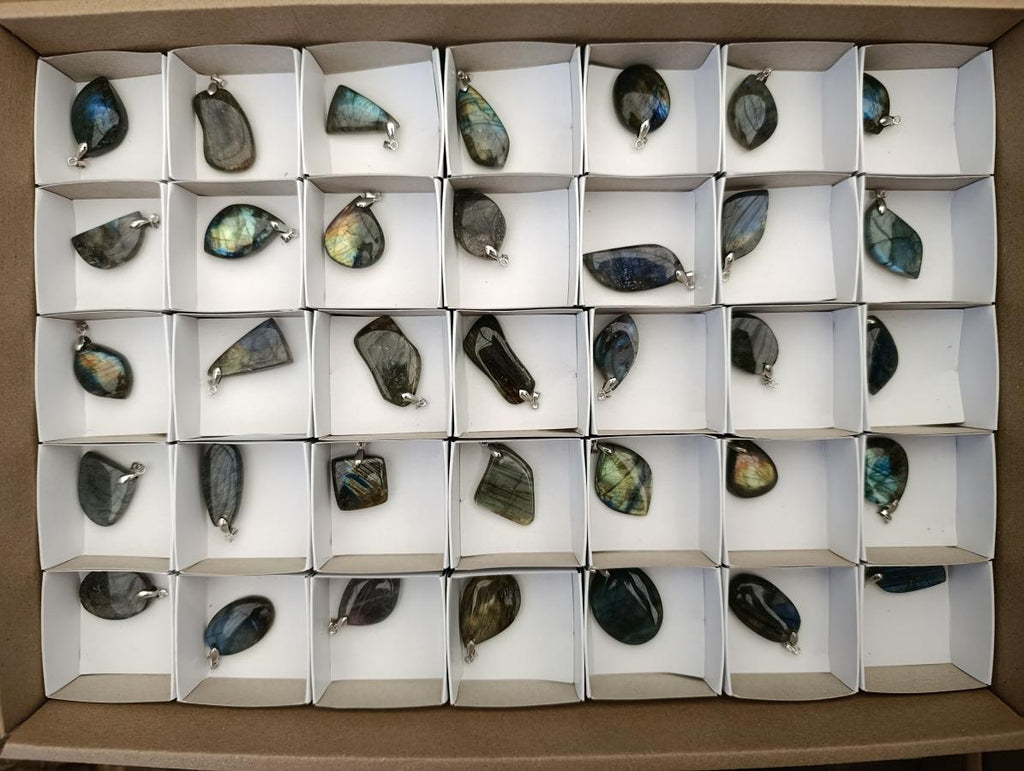 Polished Labradorite Pendants x 35 From Madagascar - Toprock Gemstones and Minerals 