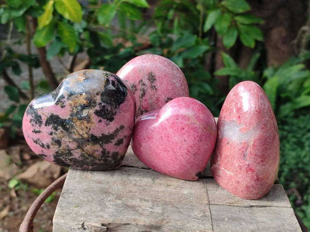 Polished Rhodonite Standing Display Pieces and Hearts x 4 From Ambindavato, Madagascar - Toprock Gemstones and Minerals 