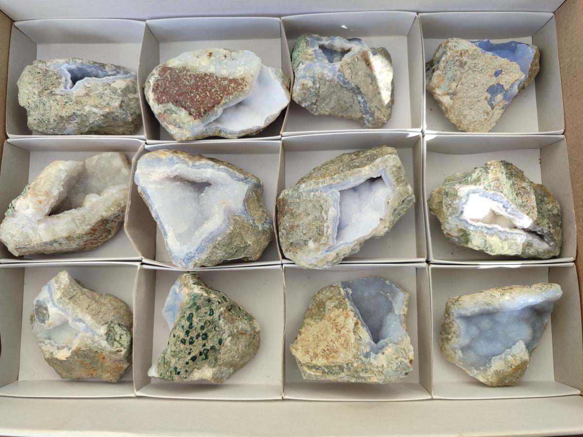 Natural Blue Lace Agate Geode Specimens x 12 From Nsanje, Malawi - Toprock Gemstones and Minerals 