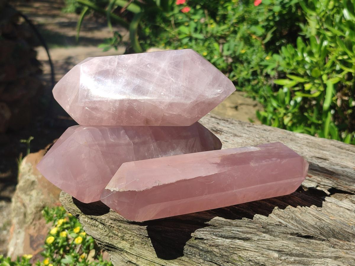 Polished Double Terminated Gemmy Rose Quartz Crystals x 3 From Madagascar - Toprock Gemstones and Minerals 