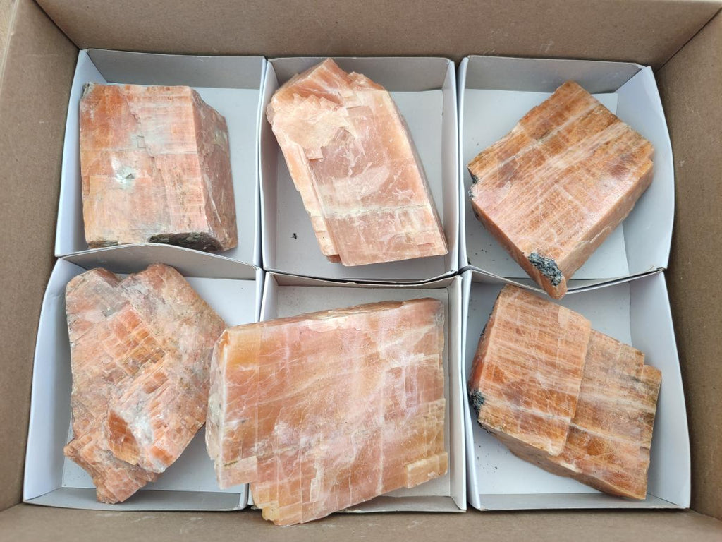 Natural Rhombohedral Sunset Orange Calcite Specimens x 6 From Spitzkop, Namibia - Toprock Gemstones and Minerals 
