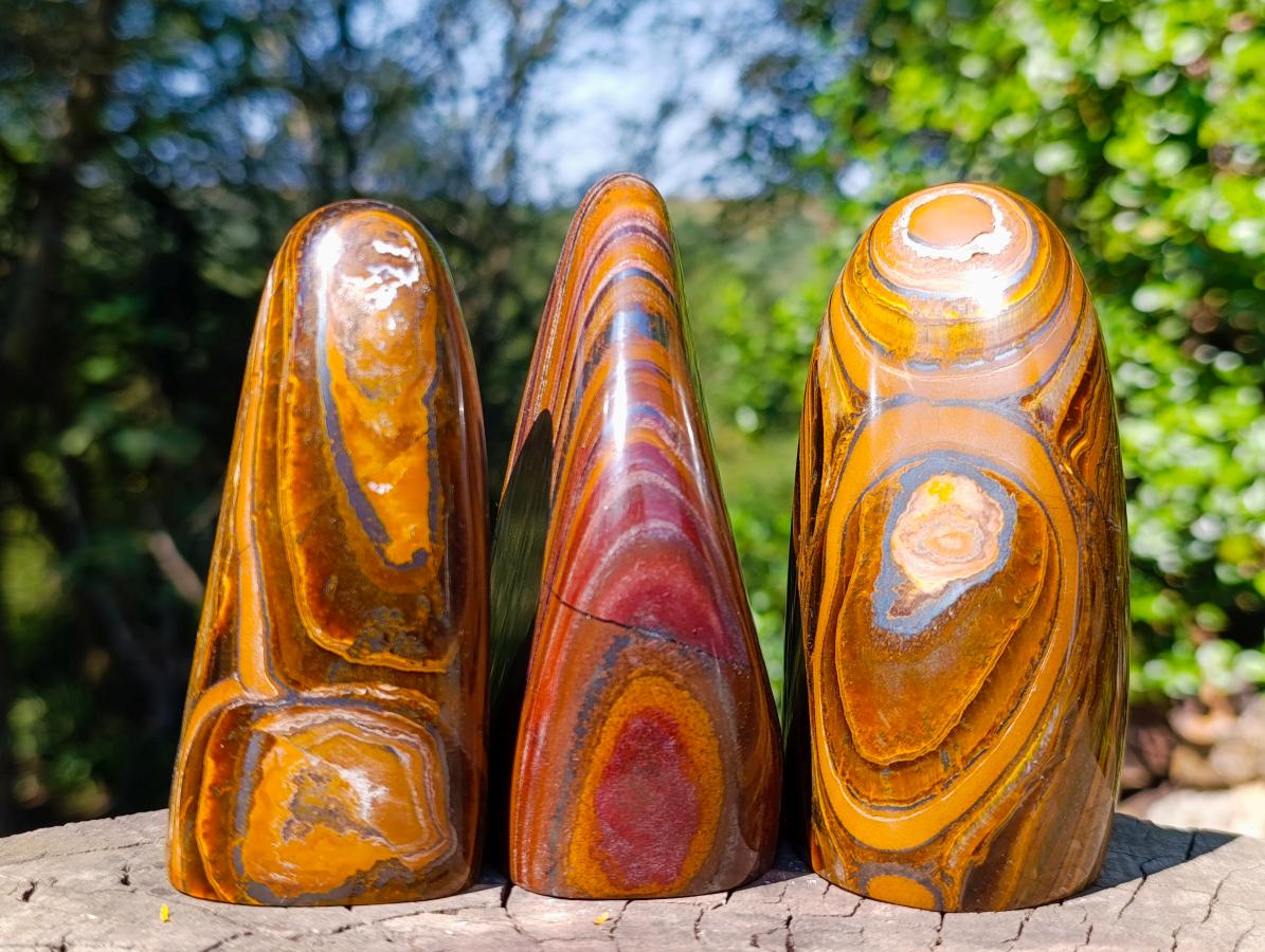 Polished Banded Tiger Iron and Golden River Tigers Eye Standing Display Pieces x 3 From South Africa - Toprock Gemstones and Minerals 