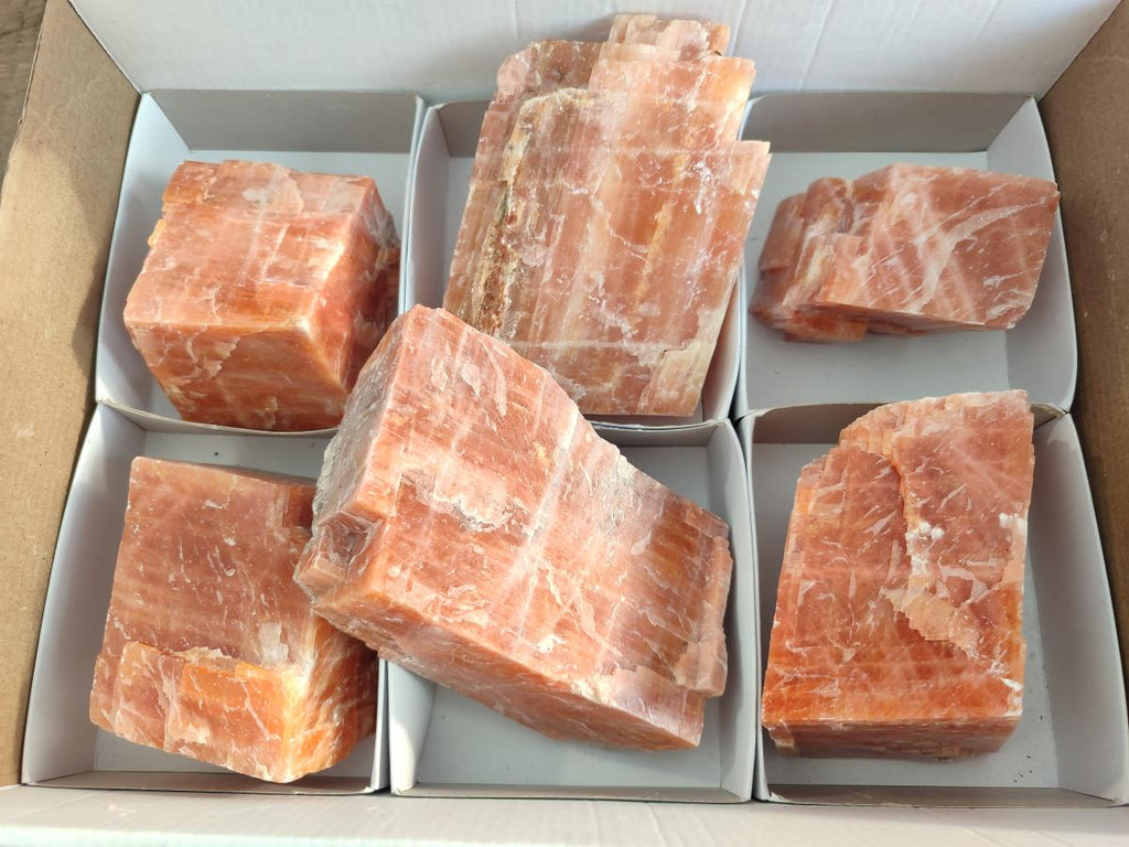 Natural Rhombohedral Sunset Orange Calcite Specimens x 6 From Spitzkop, Namibia - Toprock Gemstones and Minerals 
