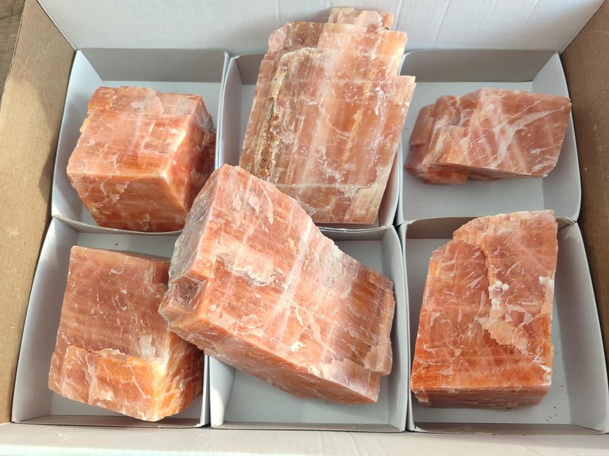 Natural Rhombohedral Sunset Orange Calcite Specimens x 6 From Spitzkop, Namibia - Toprock Gemstones and Minerals 