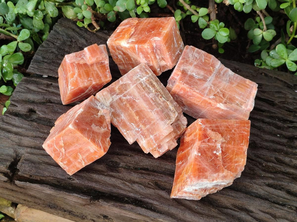 Natural Rhombohedral Sunset Orange Calcite Specimens x 6 From Spitzkop, Namibia - Toprock Gemstones and Minerals 