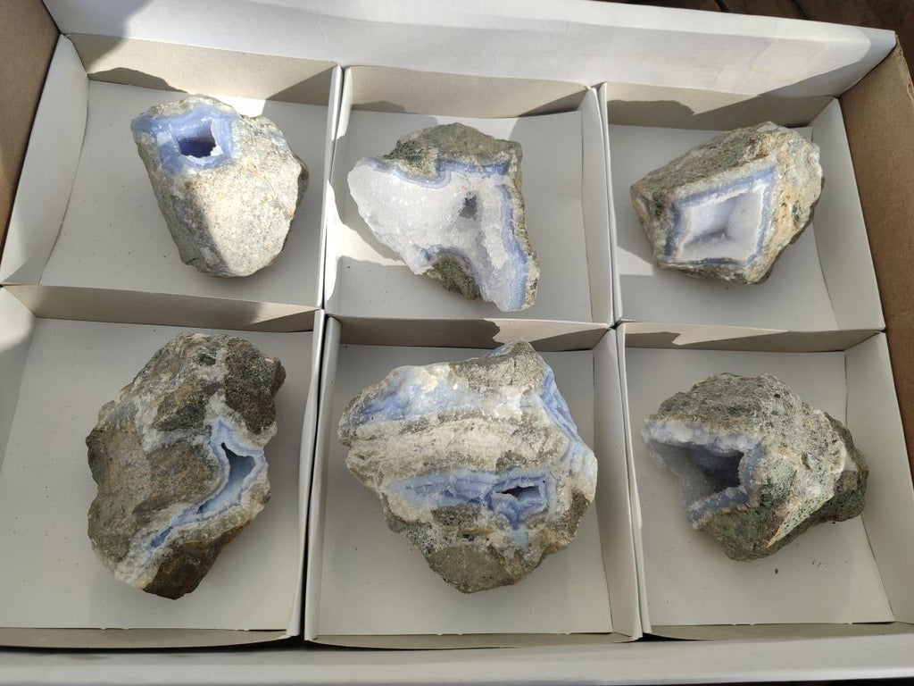 Natural Blue Lace Agate Geode Specimens x 6 From Nsanje, Malawi - Toprock Gemstones and Minerals 