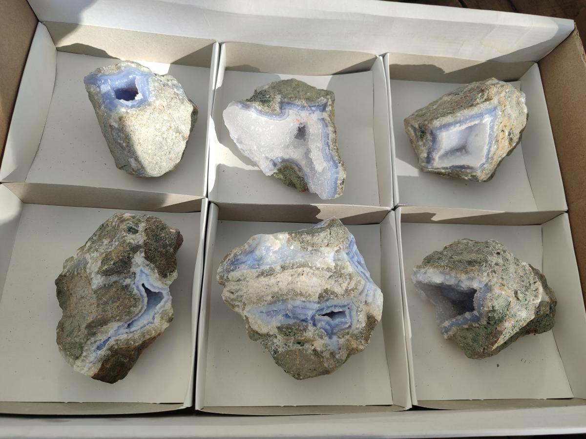 Natural Blue Lace Agate Geode Specimens x 6 From Nsanje, Malawi - Toprock Gemstones and Minerals 