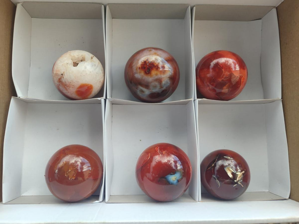 Polished Carnelian Agate Gemstone Spheres x 6 From Madagascar - Toprock Gemstones and Minerals 