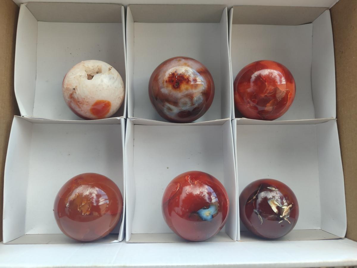 Polished Carnelian Agate Gemstone Spheres x 6 From Madagascar - Toprock Gemstones and Minerals 