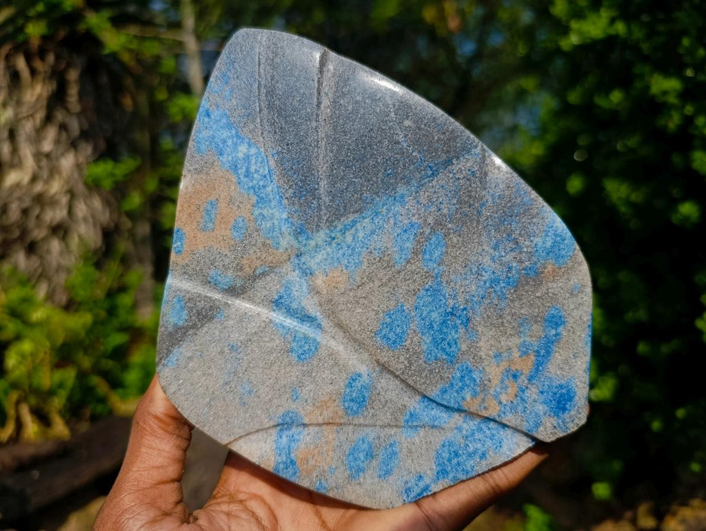 Polished Blue Spotted Spinel in Quartz Standing Display Leaf Sculptured Pieces x 2 From Madagascar - Toprock Gemstones and Minerals 