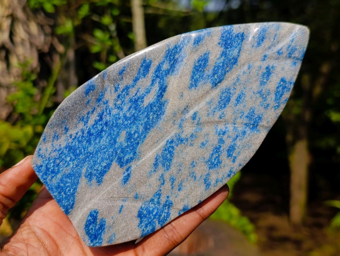 Polished Blue Spotted Spinel in Quartz Standing Display Leaf Sculptured Pieces x 2 From Madagascar - Toprock Gemstones and Minerals 