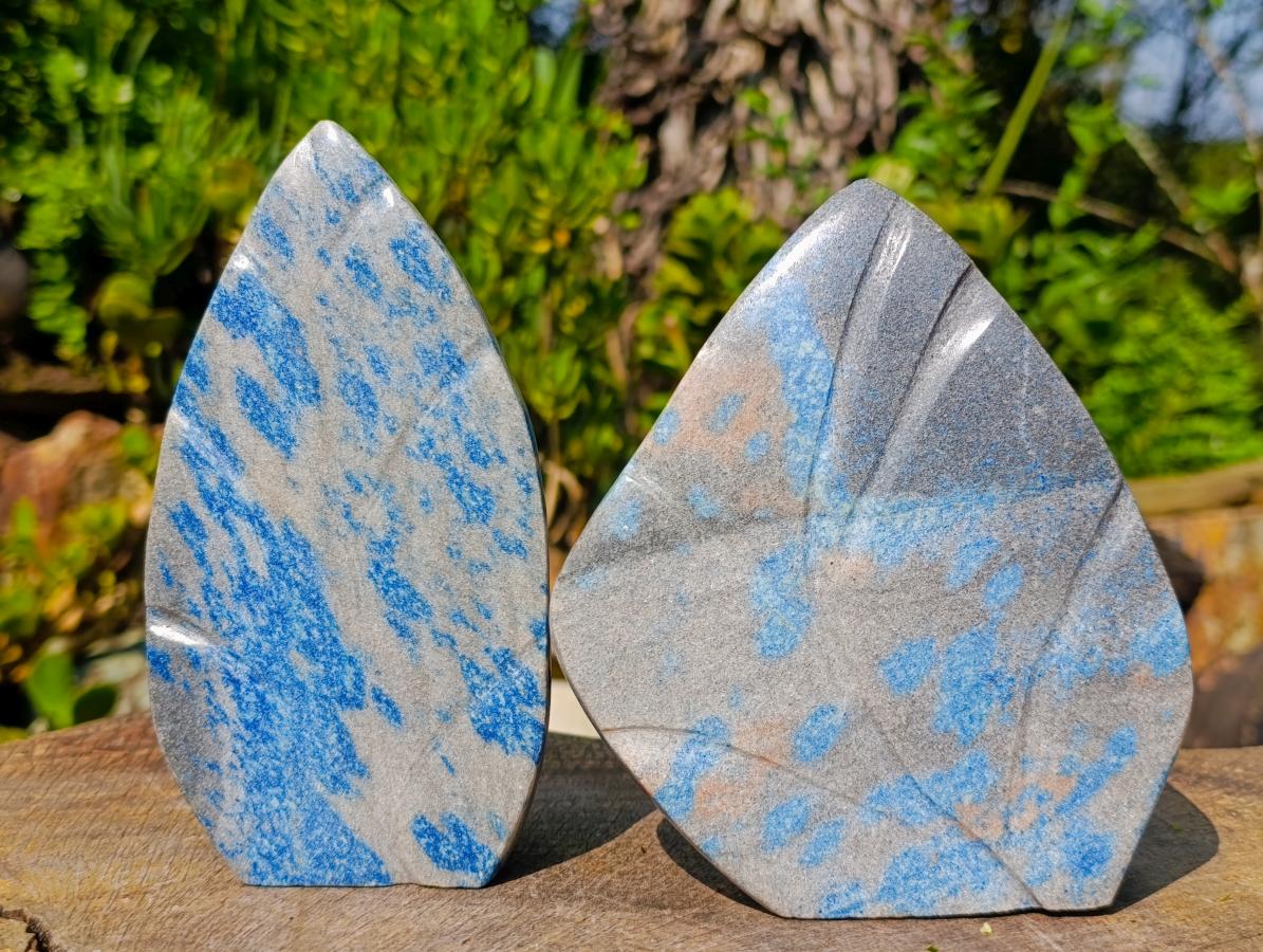 Polished Blue Spotted Spinel in Quartz Standing Display Leaf Sculptured Pieces x 2 From Madagascar - Toprock Gemstones and Minerals 