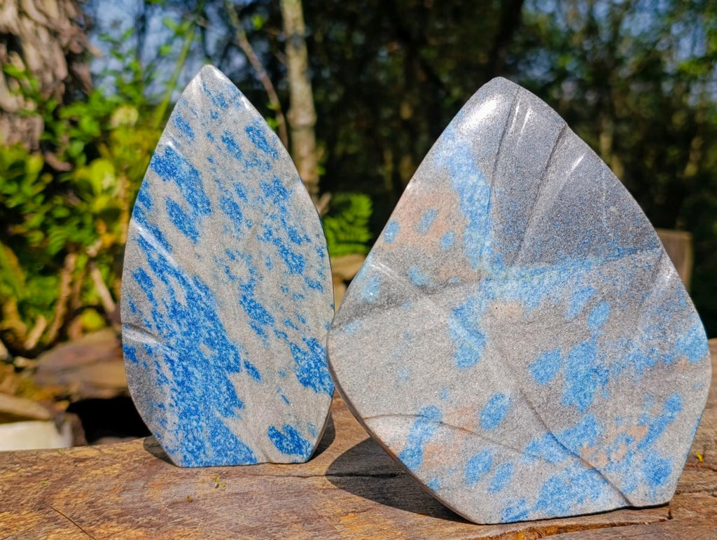 Polished Blue Spotted Spinel in Quartz Standing Display Leaf Sculptured Pieces x 2 From Madagascar - Toprock Gemstones and Minerals 