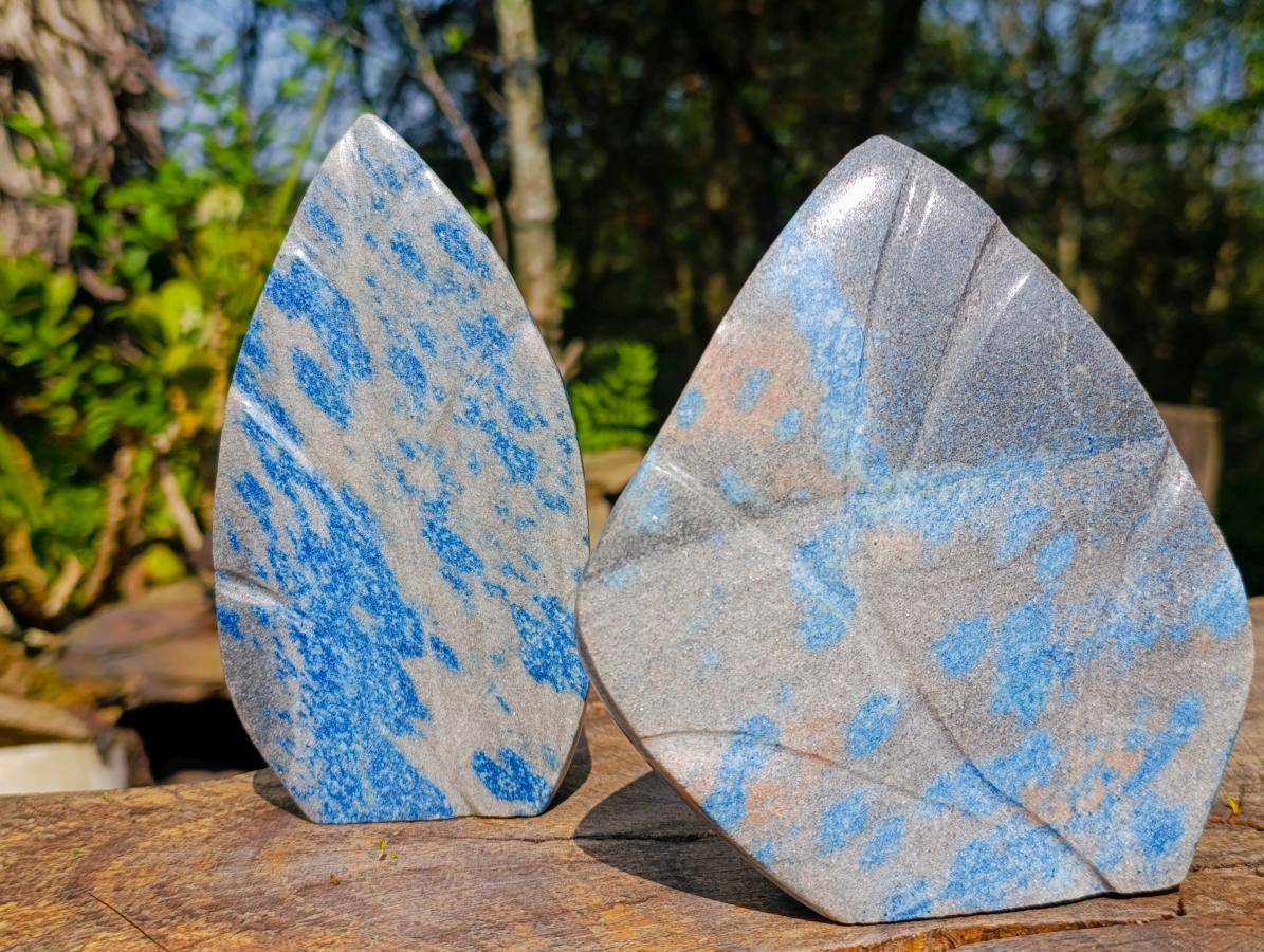 Polished Blue Spotted Spinel in Quartz Standing Display Leaf Sculptured Pieces x 2 From Madagascar - Toprock Gemstones and Minerals 
