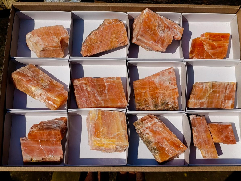 Natural Rhombohedral Sunset Orange Calcite Specimens x 14 From Spitzkop, Namibia - Toprock Gemstones and Minerals 