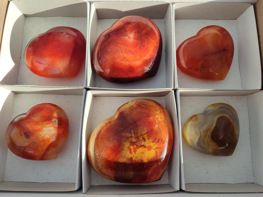 Polished Large Carnelian Agate Gemstone Hearts x 6 From Madagascar - Toprock Gemstones and Minerals 