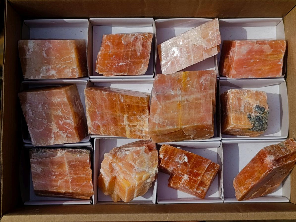 Natural Rhombohedral Sunset Orange Calcite Specimens x 12 From Spitzkop, Namibia - Toprock Gemstones and Minerals 