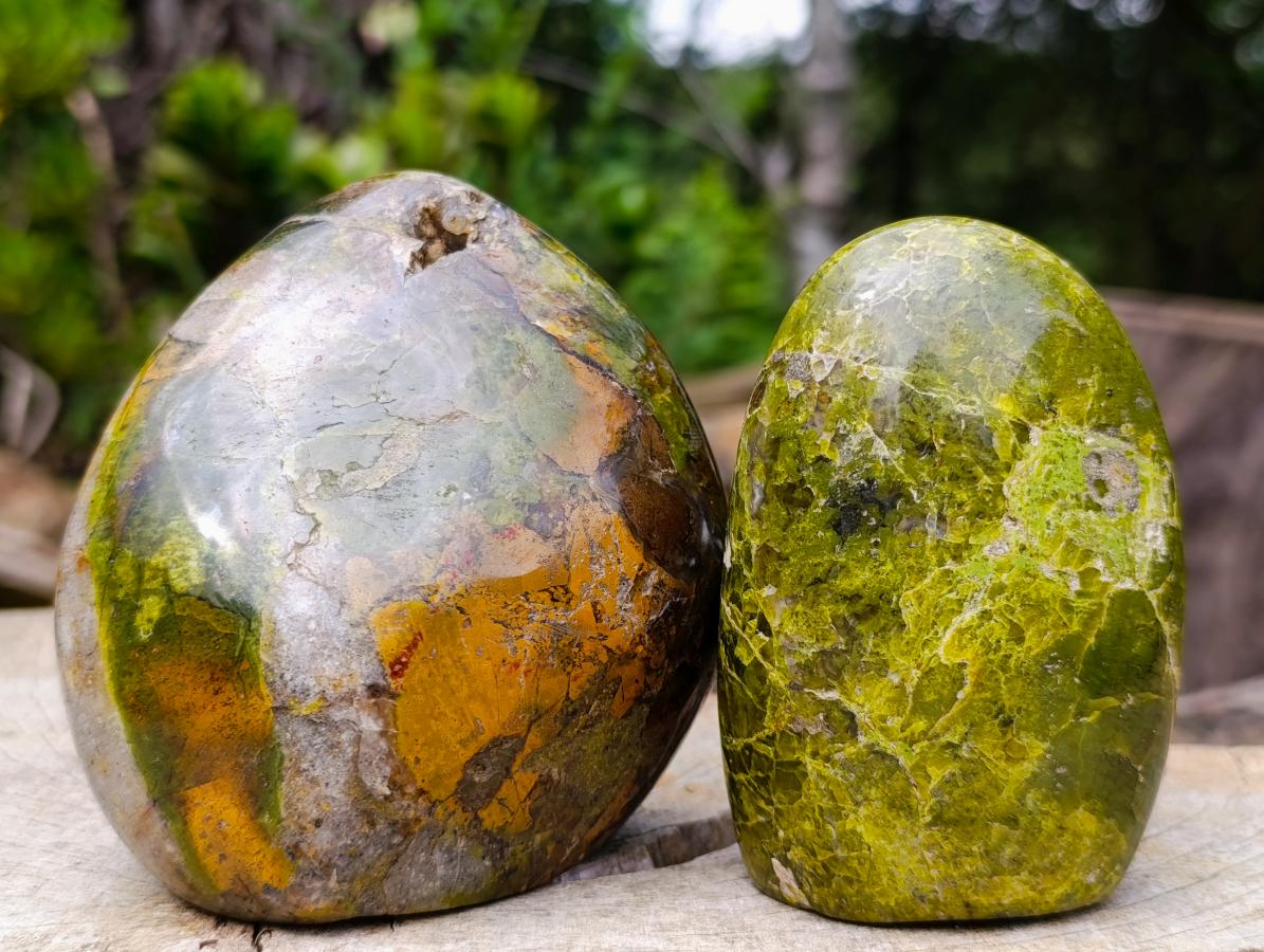 Polished Green Opal Standing Free Forms x 3 From Betroka, Madagascar - Toprock Gemstones and Minerals 