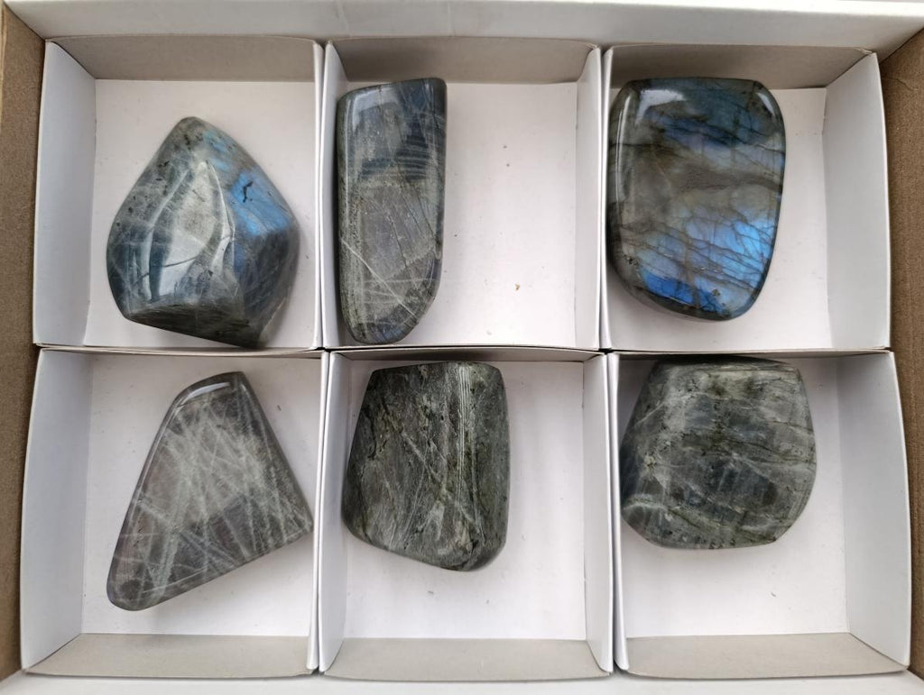 Polished Rare Purple Sunset Flash Labradorite Standing Display Pieces x 6 From Madagascar - Toprock Gemstones and Minerals 