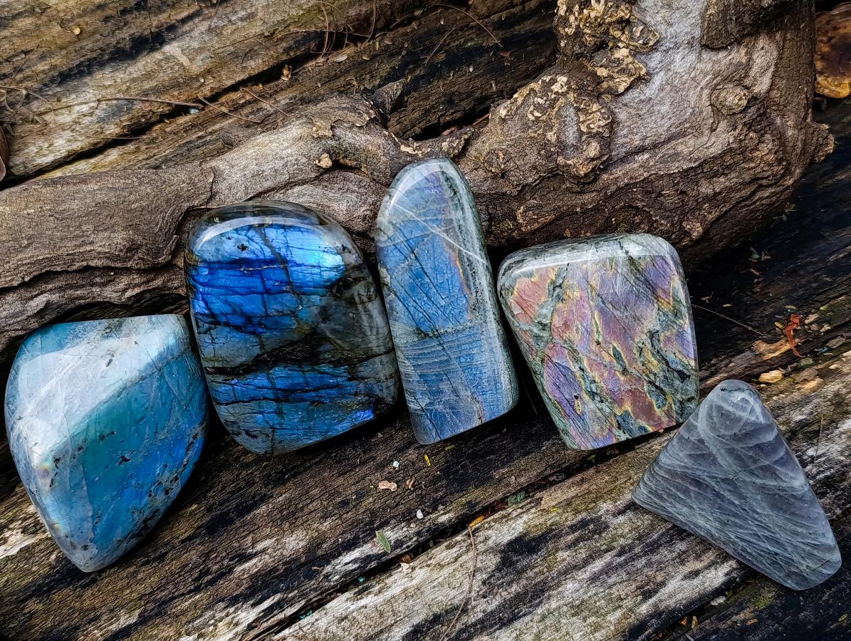 Polished Rare Purple Sunset Flash Labradorite Standing Display Pieces x 6 From Madagascar - Toprock Gemstones and Minerals 