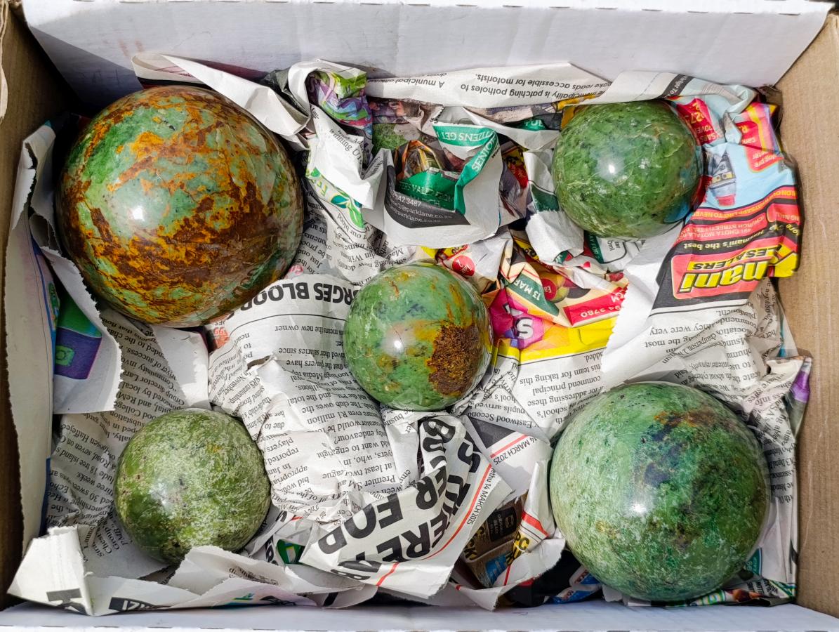 Polished Green Chrysoprase Spheres x 5 From Ambatondrazaka, Madagascar - Toprock Gemstones and Minerals 
