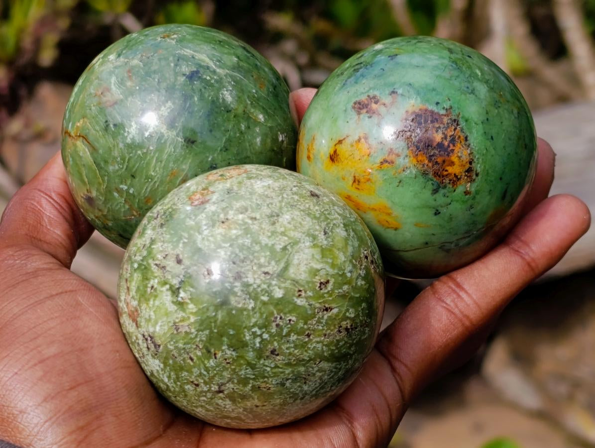 Polished Green Chrysoprase Spheres x 5 From Ambatondrazaka, Madagascar - Toprock Gemstones and Minerals 