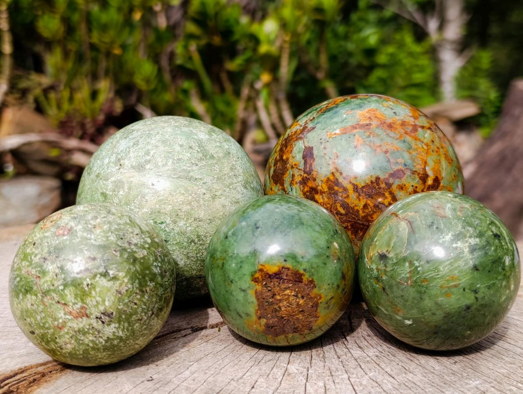 Polished Green Chrysoprase Spheres x 5 From Ambatondrazaka, Madagascar - Toprock Gemstones and Minerals 