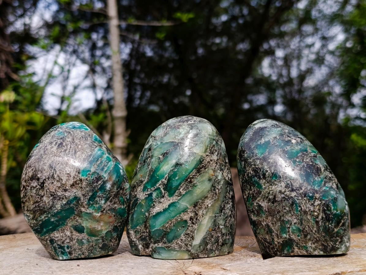 Polished Emerald Mica 'Mutokolite' Standing Free Forms x 3 From Mutoko, Zimbabwe - Toprock Gemstones and Minerals 
