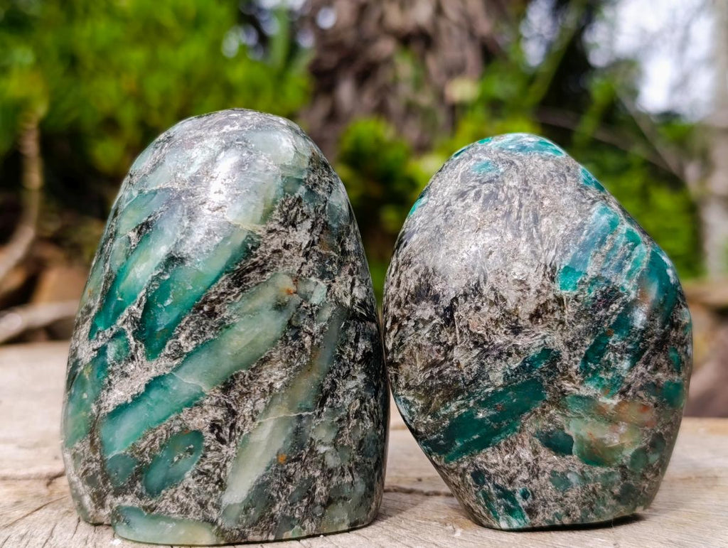 Polished Emerald Mica 'Mutokolite' Standing Free Forms x 3 From Mutoko, Zimbabwe - Toprock Gemstones and Minerals 