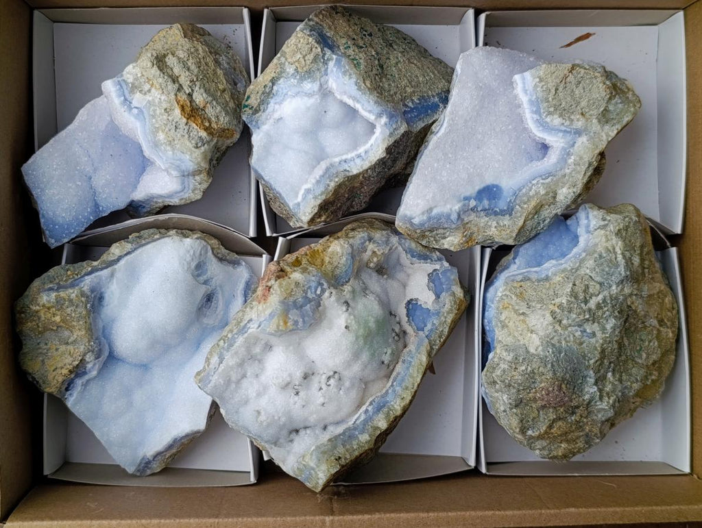 Natural Blue Lace Agate Geode Specimens x 6 From Nsanje, Malawi - Toprock Gemstones and Minerals 