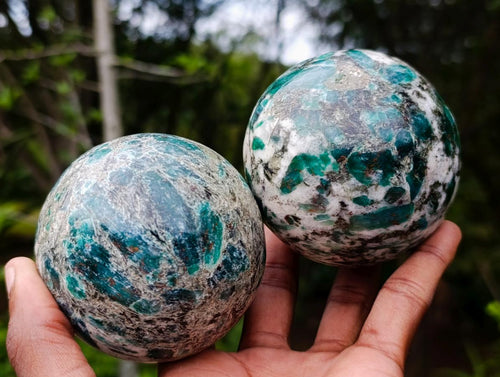 Polished Emerald Mica 'Mutokolite' Spheres x 2 From Mutoko, Zimbabwe - Toprock Gemstones and Minerals 