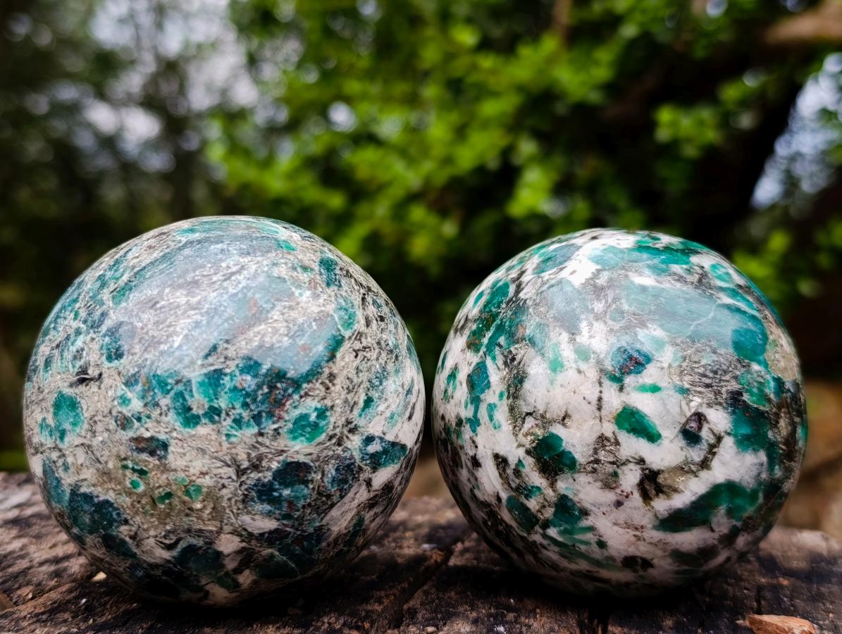 Polished Emerald Mica 'Mutokolite' Spheres x 2 From Mutoko, Zimbabwe - Toprock Gemstones and Minerals 