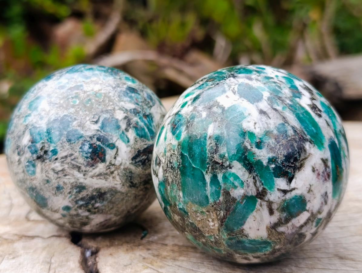 Polished Emerald Mica 'Mutokolite' Spheres x 2 From Mutoko, Zimbabwe - Toprock Gemstones and Minerals 