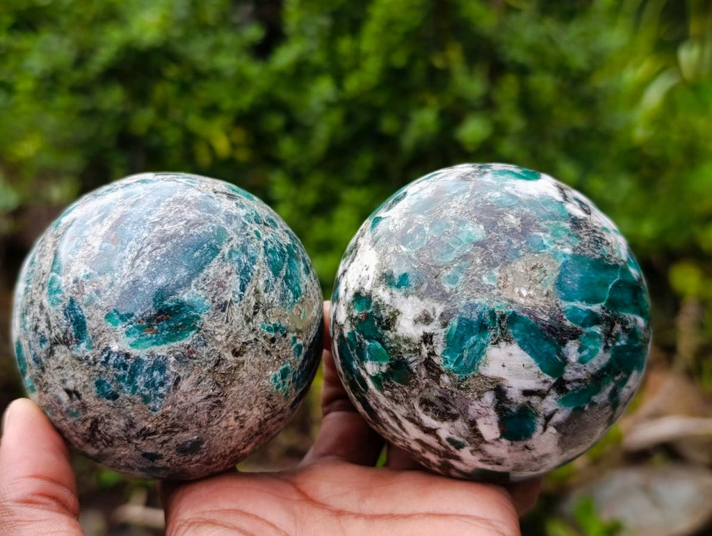 Polished Emerald Mica 'Mutokolite' Spheres x 2 From Mutoko, Zimbabwe - Toprock Gemstones and Minerals 