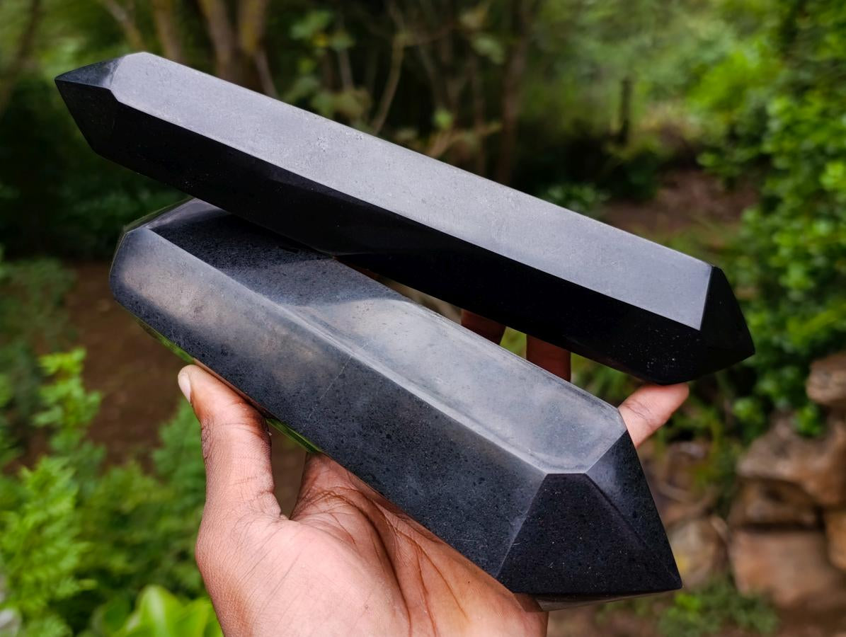 Polished Double Terminated Black Basalt Crystals x 2 From Madagascar - Toprock Gemstones and Minerals 