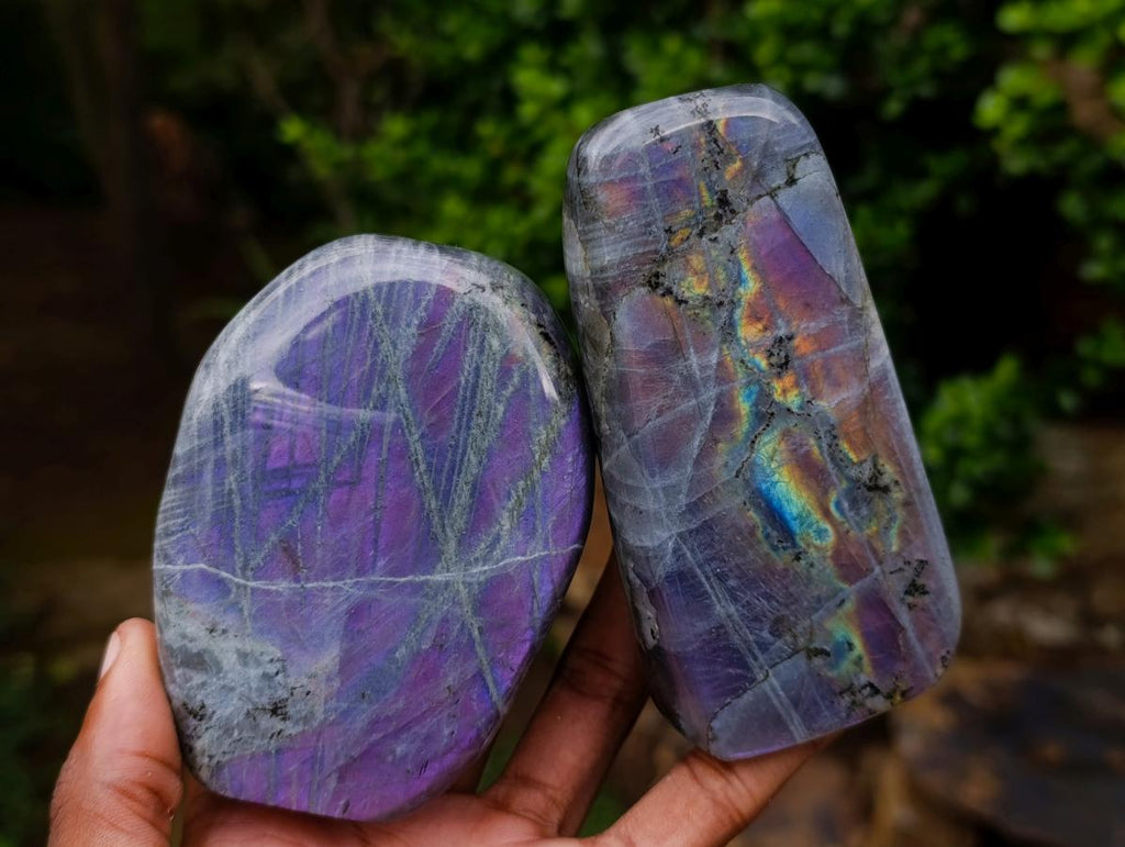 Polished Rare Purple Sunset Flash Labradorite Standing Display Pieces x 6 From Madagascar - Toprock Gemstones and Minerals 